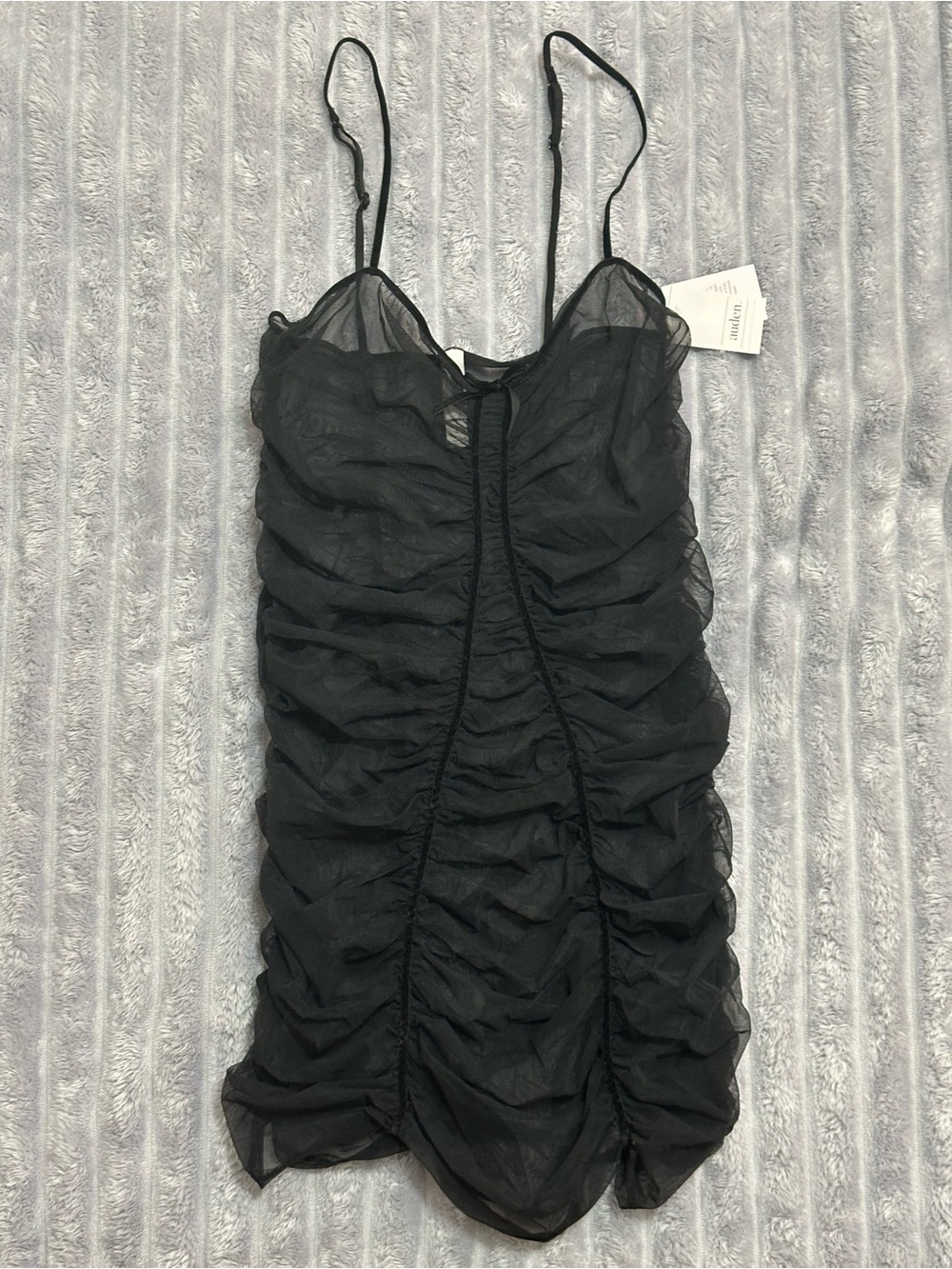 Auden Black Ruched Mesh Mini Dress with Spaghetti Straps